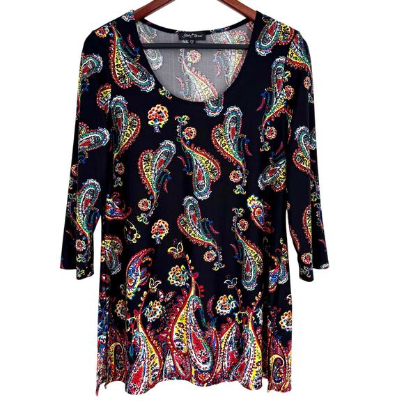 Slinky Brand Sz Medium Super Stretchy Paisley Print Blouse Shirt Top Tropical - Picture 1 of 7